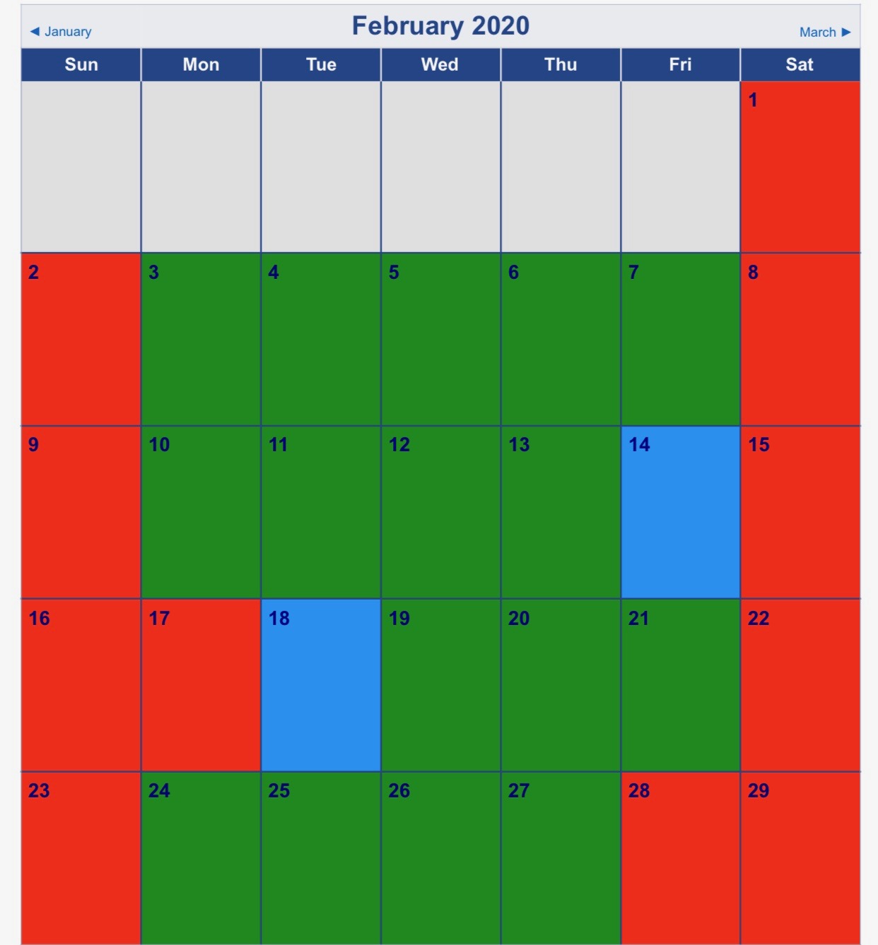 crowd calendar with color codes
