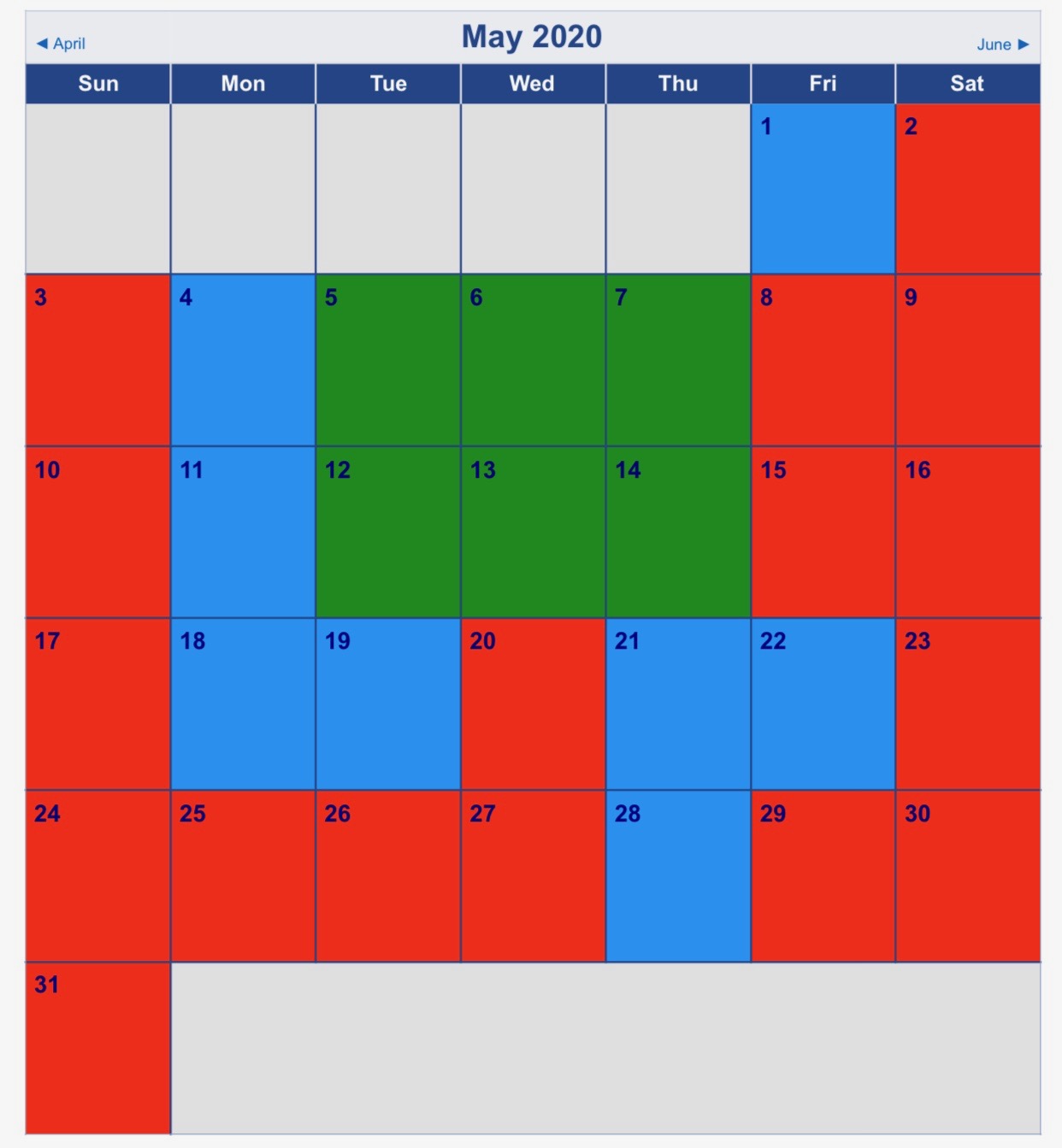 crowd calendar with color codes
