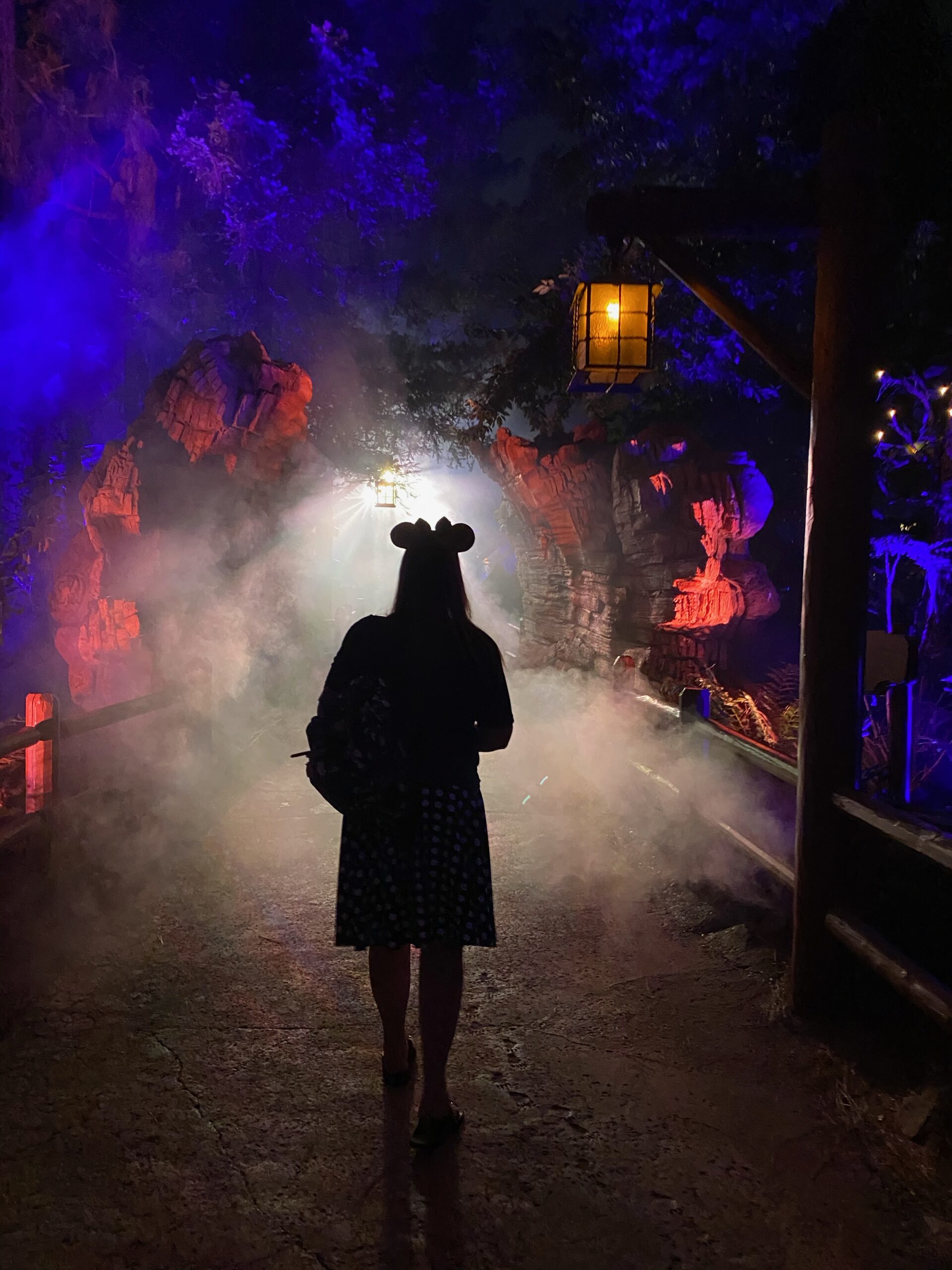 silhouette of person walking down spookey path